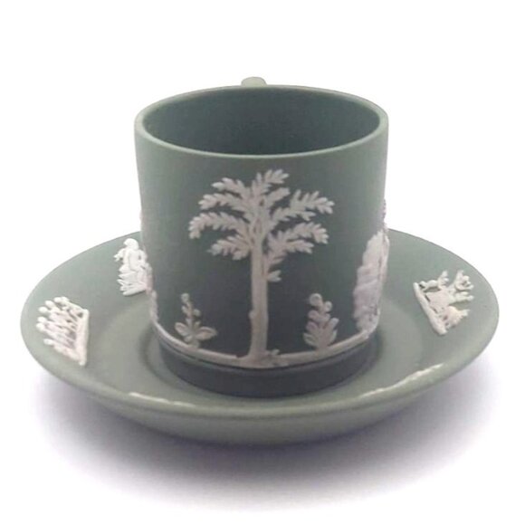 Vintage Wedgwood Sage Green Jasperware Demitasse Cup & Saucer England Porcelain - Picture 5 of 10